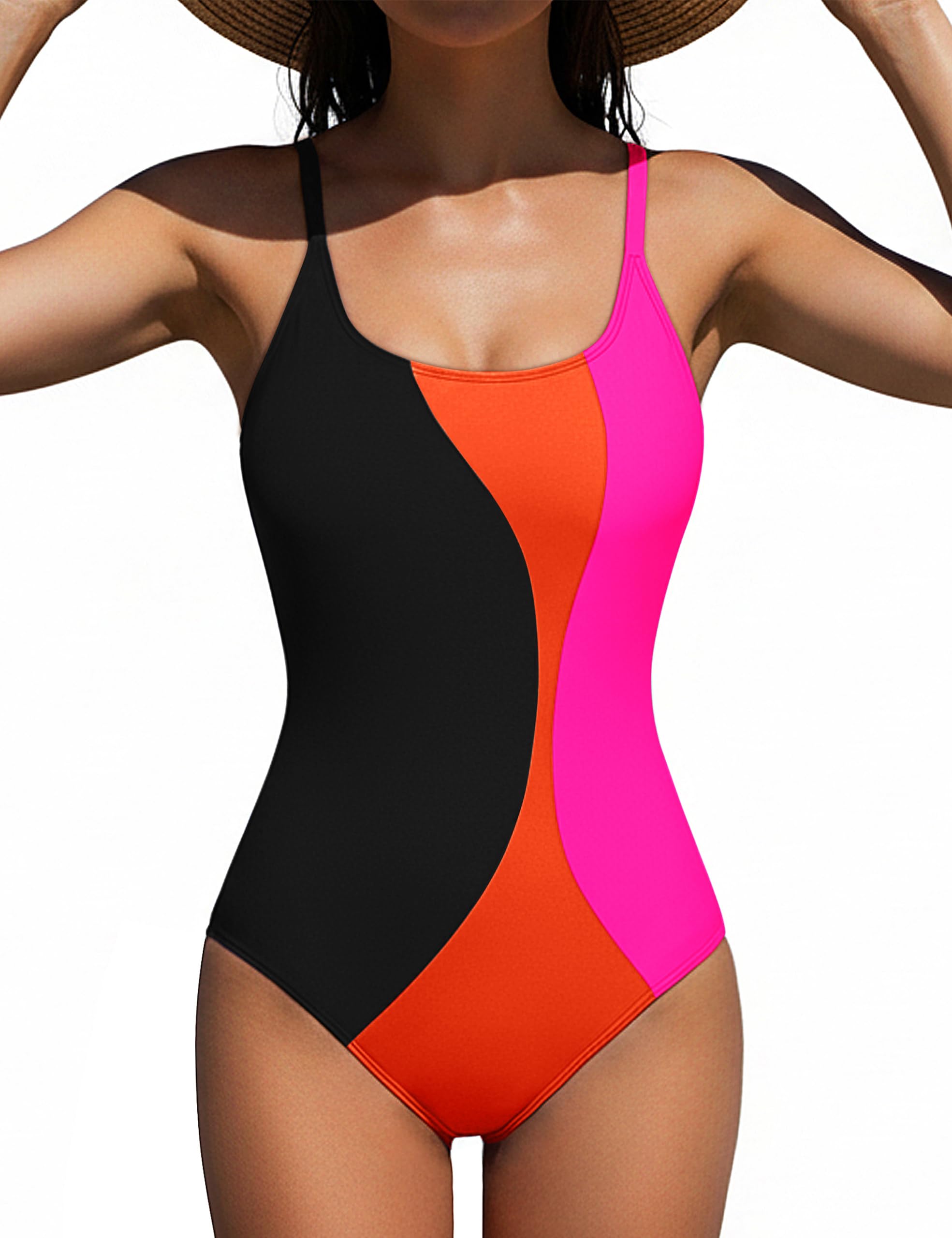 BMJL Womens One Piece Swimsuit Sports Full Coverage Bathing Suit Color Block Slimming Tummy Control Swimming Suits