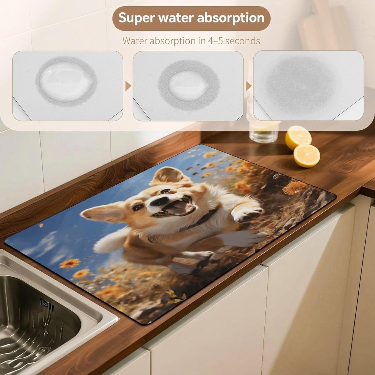 Running Corgi Drying Mat for Kitchen Counter 30x40 inch, Diatomite Dish Drying Mat, Non-Slip, Absorbent Dish Drainer Pad for Coffee & Utensils, Kitchen Decor Mats