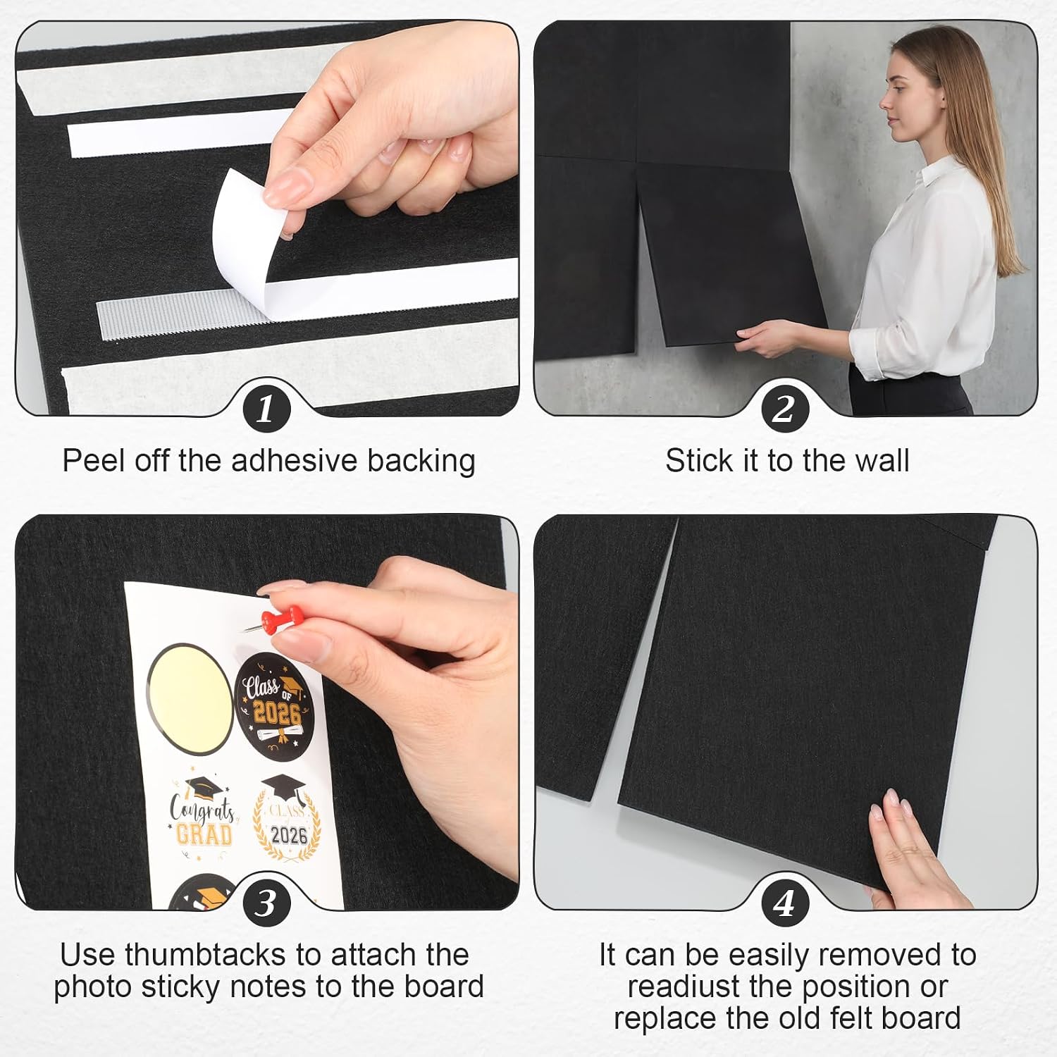 Pasimy 12 Pack Black Felt Bulletin Board Tiles 48 x 36 Inch, Self Adhesive Cork Board Alternative for Walls, Thick Pin Boards for Pins, Sound Dampening Vision Boards for Home Office, 50 Push Pins