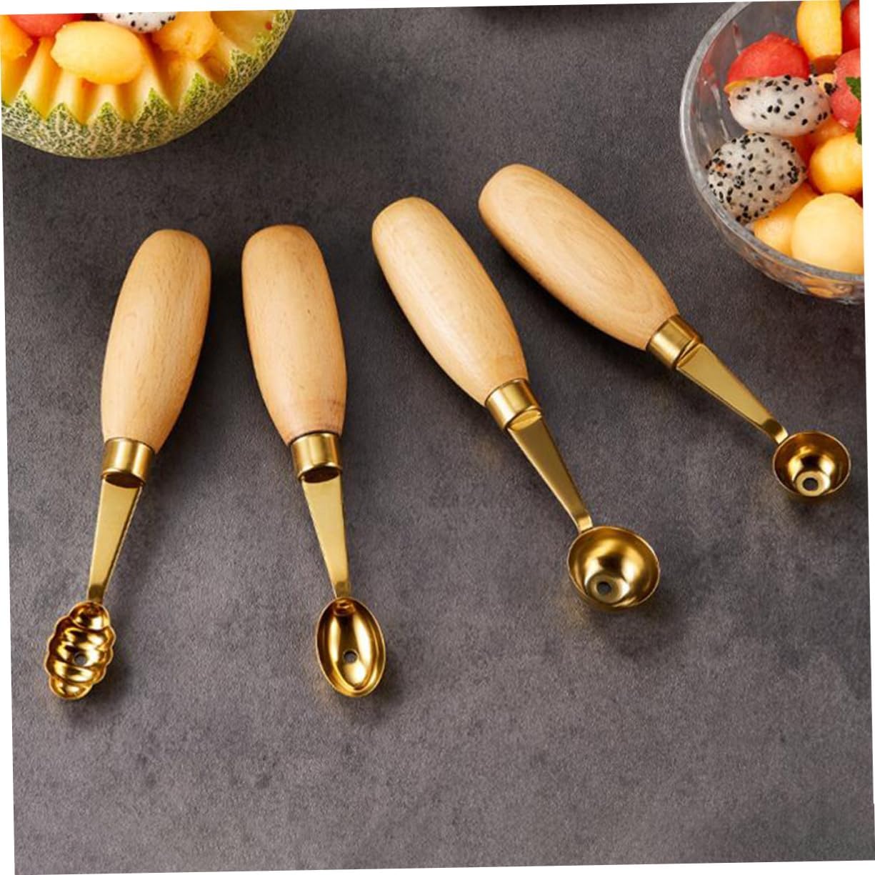 4Pcs Melon Baller Scoop for Kitchen Ergonomic Fruit Ball Spoon Collection with Small and Peak Shapes Reusable Watermelon and Dessert Scoop Tools