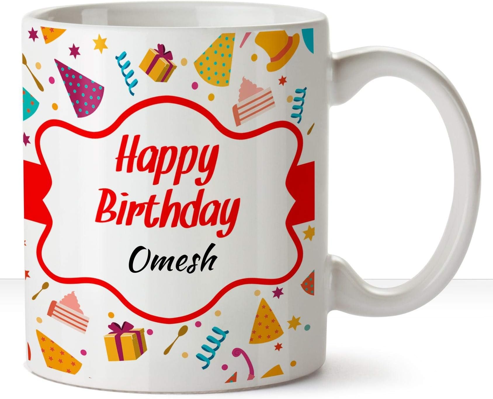 Huppme Happy Birthday Omesh Ceramic Name White Coffee Mug - 330 ml