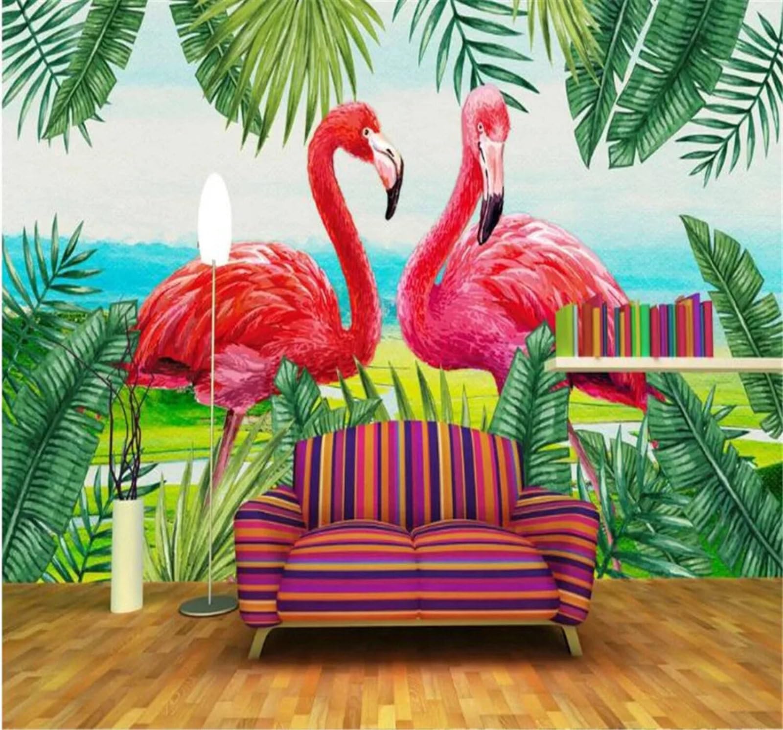 Xlming 350Cm×256Cm(B×H) Fresh Hand Drawn Green Plants Flamingos 3D Wallpaper Silky Texture Home Study Office Grey Dining Room Sofa Bedroom Living Room Tv Backdrop-350Cm×256Cm
