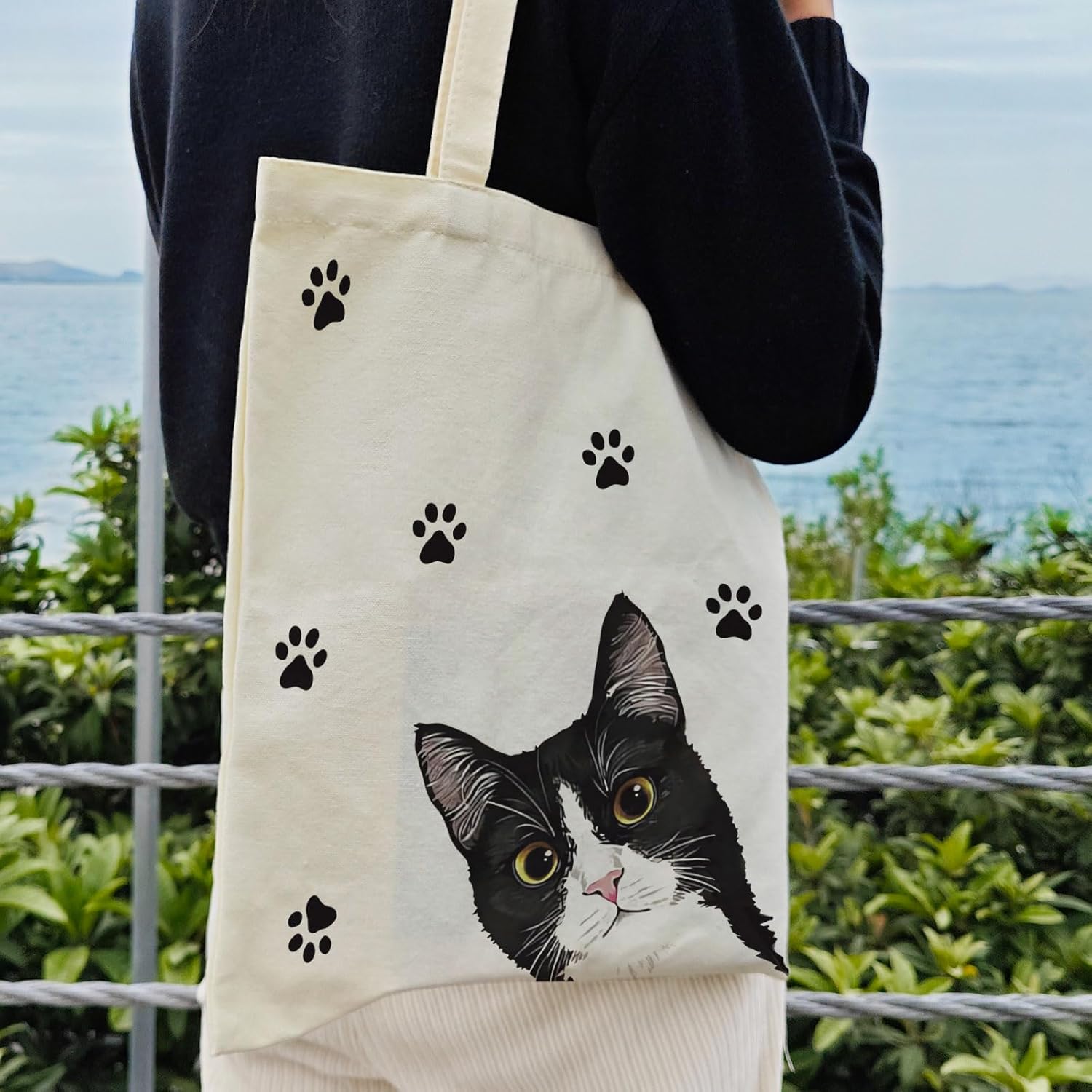 Dlzdn Cat Tote Bag Aesthetic Funny Cat Reusable Shopping Grocery Bag Beach Bag Birthday Christmas Gifts for Women - Image 4