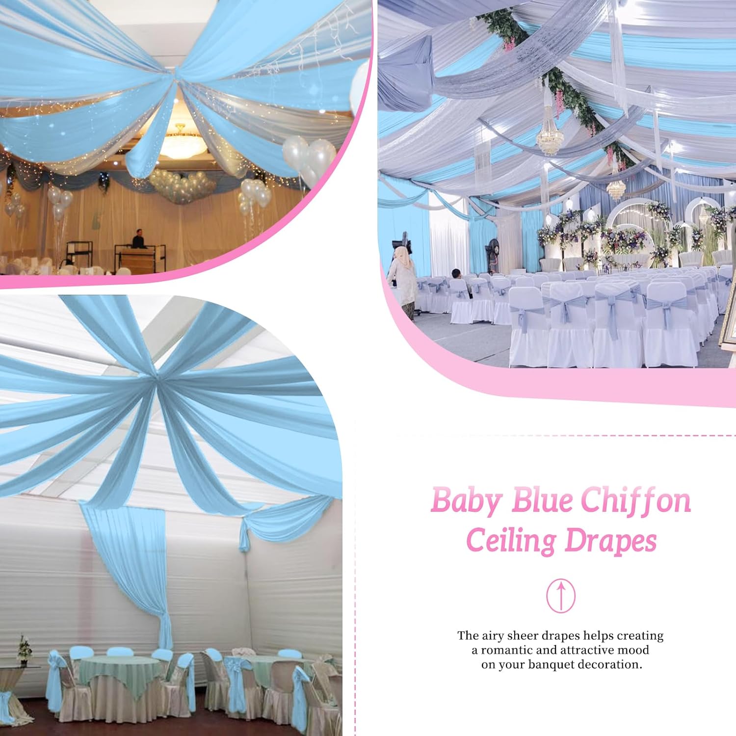 6 Panels Baby Blue Ceiling Drapes for Wedding Ceiling Drapes 5ftx30ft Wedding Arch Draping Fabric Sheer Curtains Voile Chiffon Drapery Draping Decorations for Party Ceremony Stage
