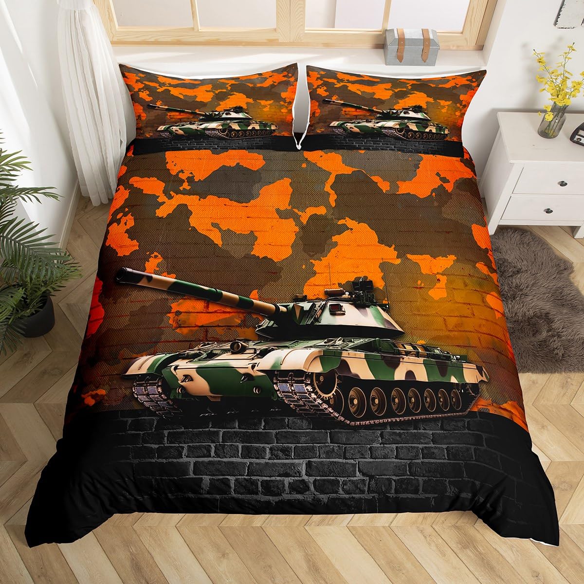 Manfei Tank Duvet Cover Set King Size, Orange Camouflage Wall Print Bedding Set 3pcs for Kids Boys Teens Room Decor, Camo Vintage Style Comforter Cover Soft Polyester Quilt Cover with 2 Pillowcases — image 1