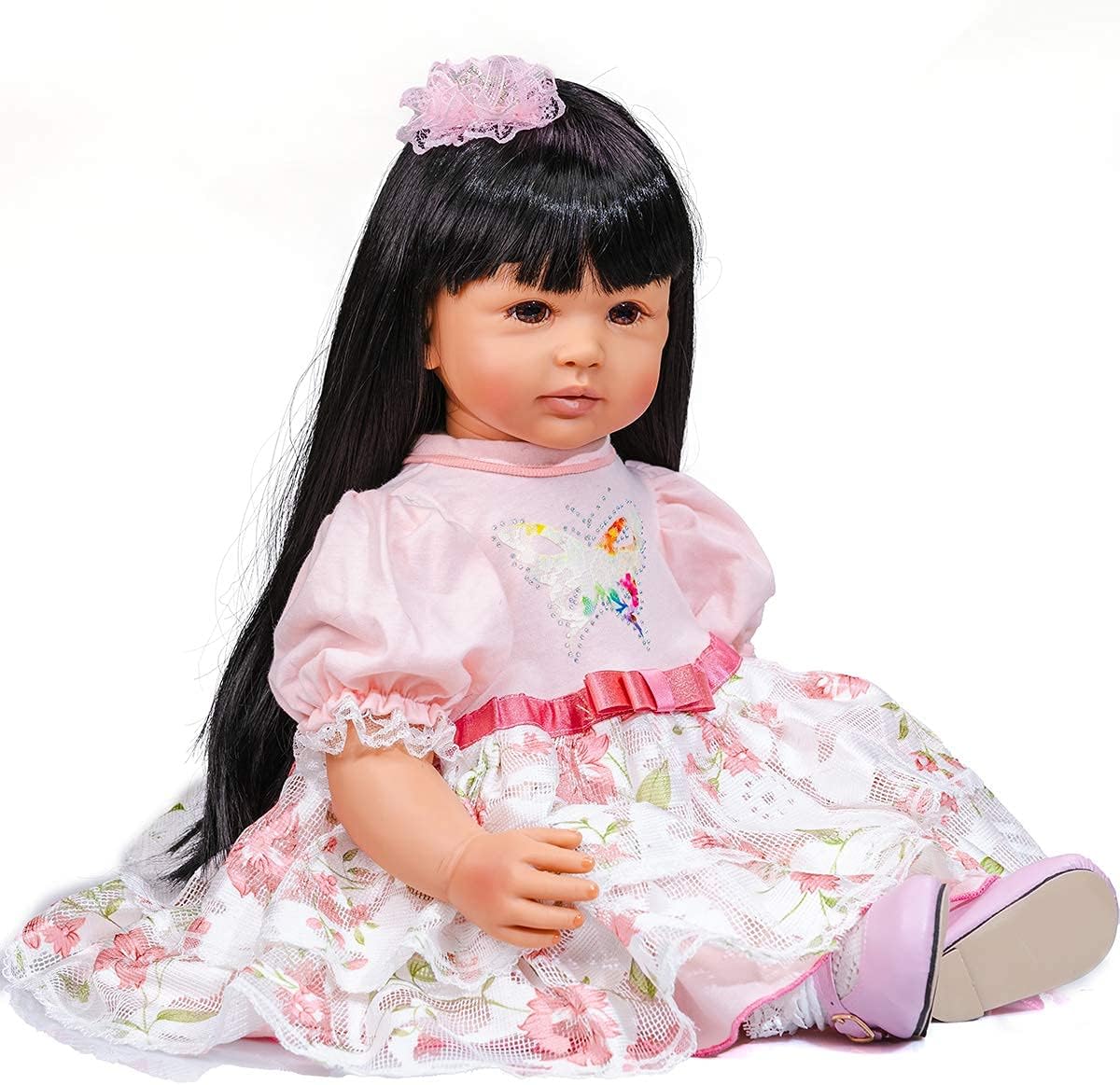 Pinky Reborn Toddler Baby Girl Doll Princess with Long Hair,24 Inch 60cm Lifelike Baby Dolls in Soft Silicone Vinyl with Brown Tan Skin Doll Children Birthday Xmas Gift