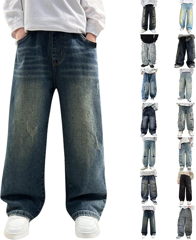 Pantalones jeans holgados para niño Corte holgado Casual Recto Perneras anchas Pantalones jeans Moda Vintage Cintura alta Y2k Ropa de calle con bolsillos