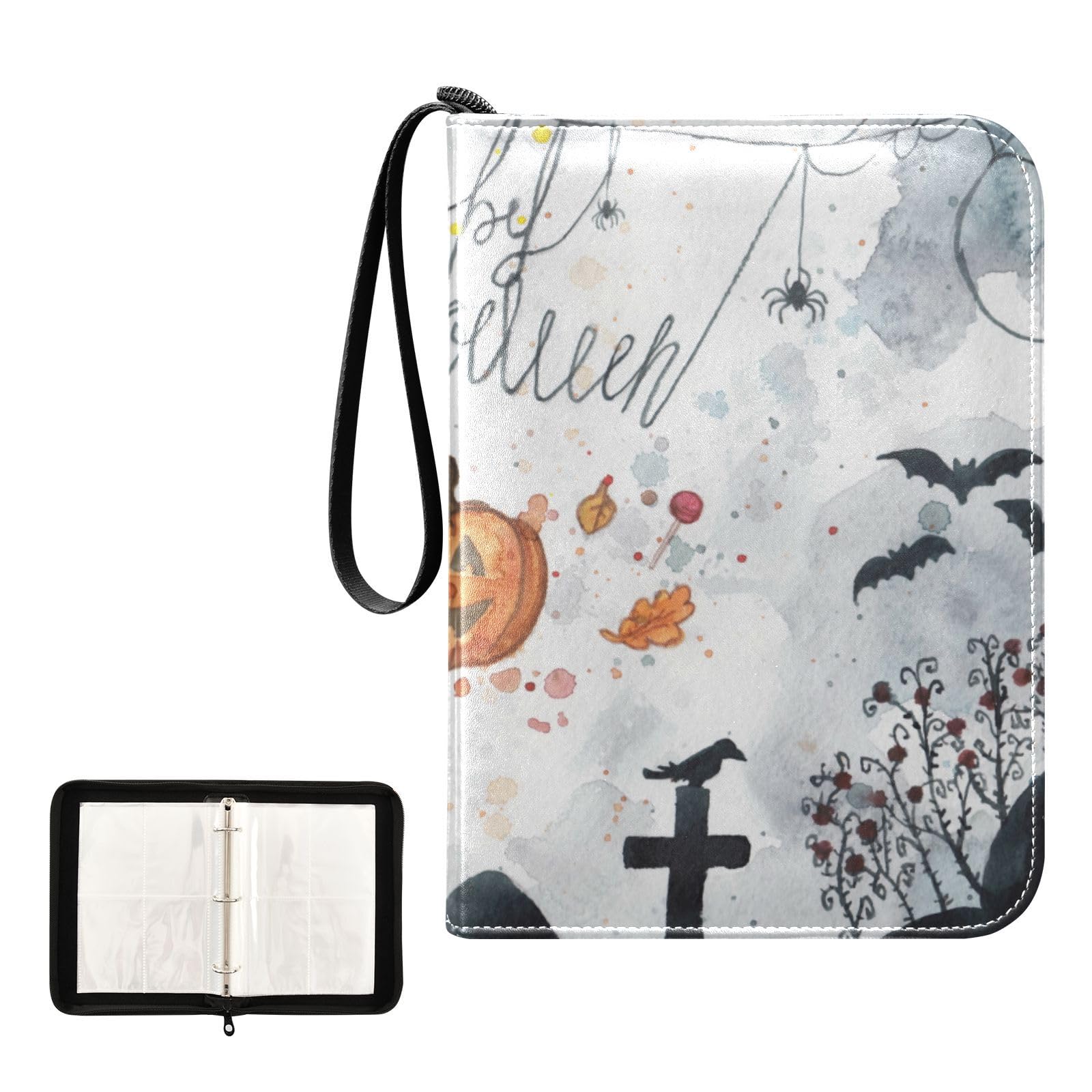 Oyihfvs Halloween Cobweb, Cemetery, Bats, Cat, Pumpkin in Vintage Retro PU Leather Card Storage Bag, With Zipper Waterproof 50 Pages 400 Slots Card Bag for Students Home School 15.74 x 9.64 inch