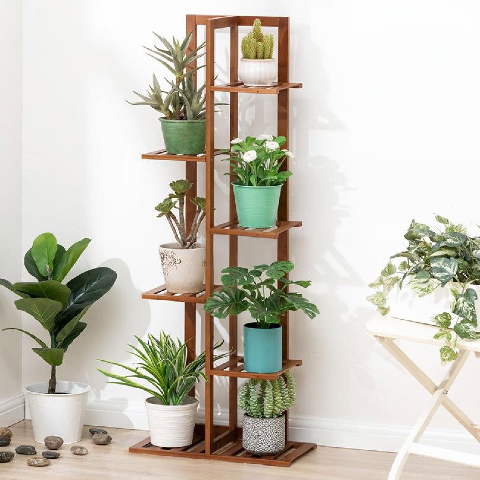Support à plantes d'intérieur en bois : étagère d'angle à plusieurs niveaux pour salon