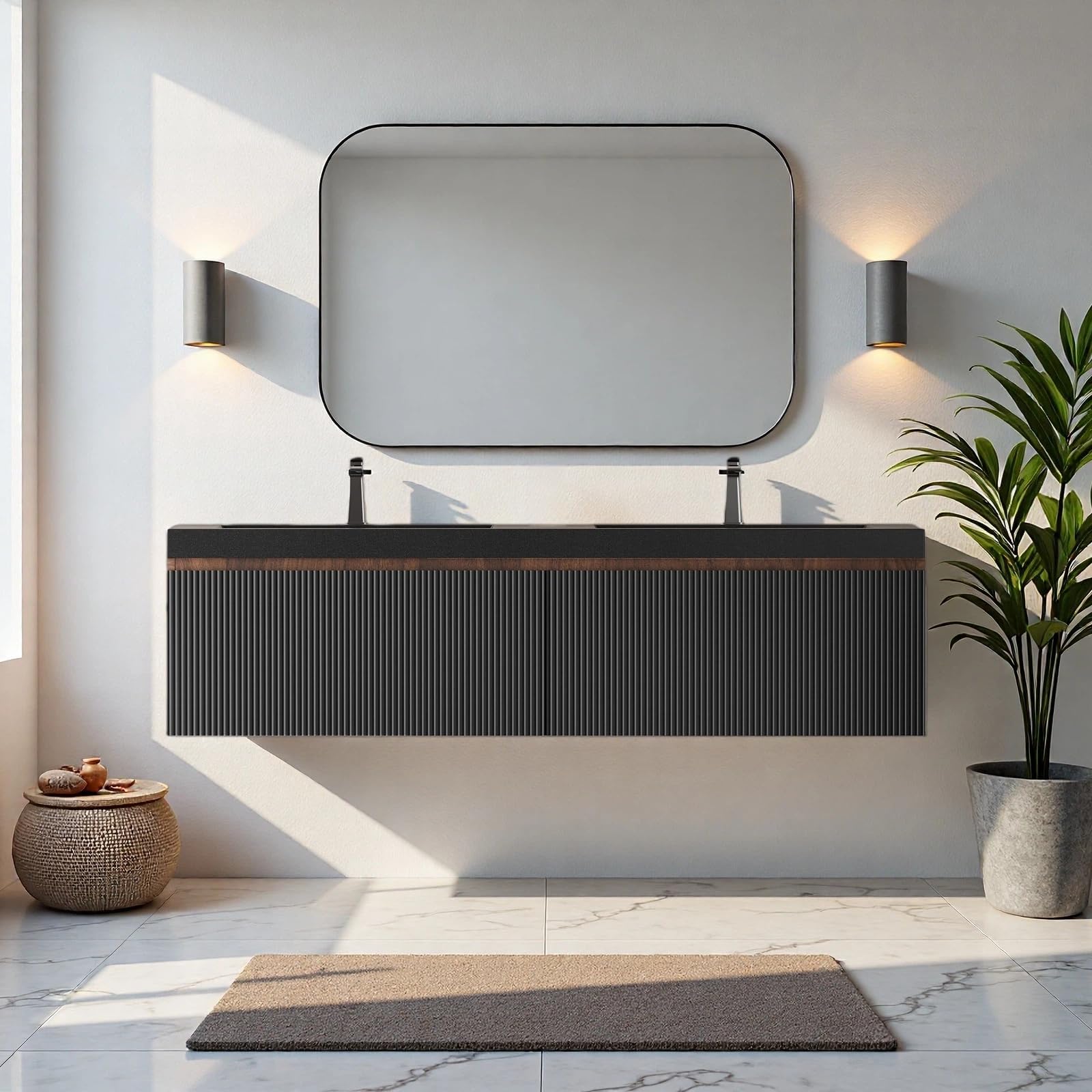 60'' Floating Bathroom Vanity with Sink, Wall-Mounted Bathroom Storage Cabinet with 2 Soft-Close Striped Drawers & Double Quartz Sand Basins, Smoked Walnut Body with Internal Handle, Black