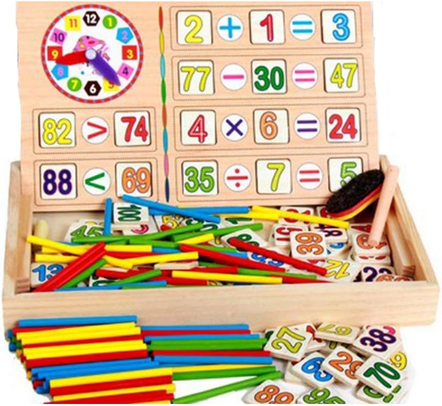 ponny Children Number Cards Calculation Time Learning Tool Math Educational Toy Wooden Sticks Clocks Counting Rods with Storage Box.