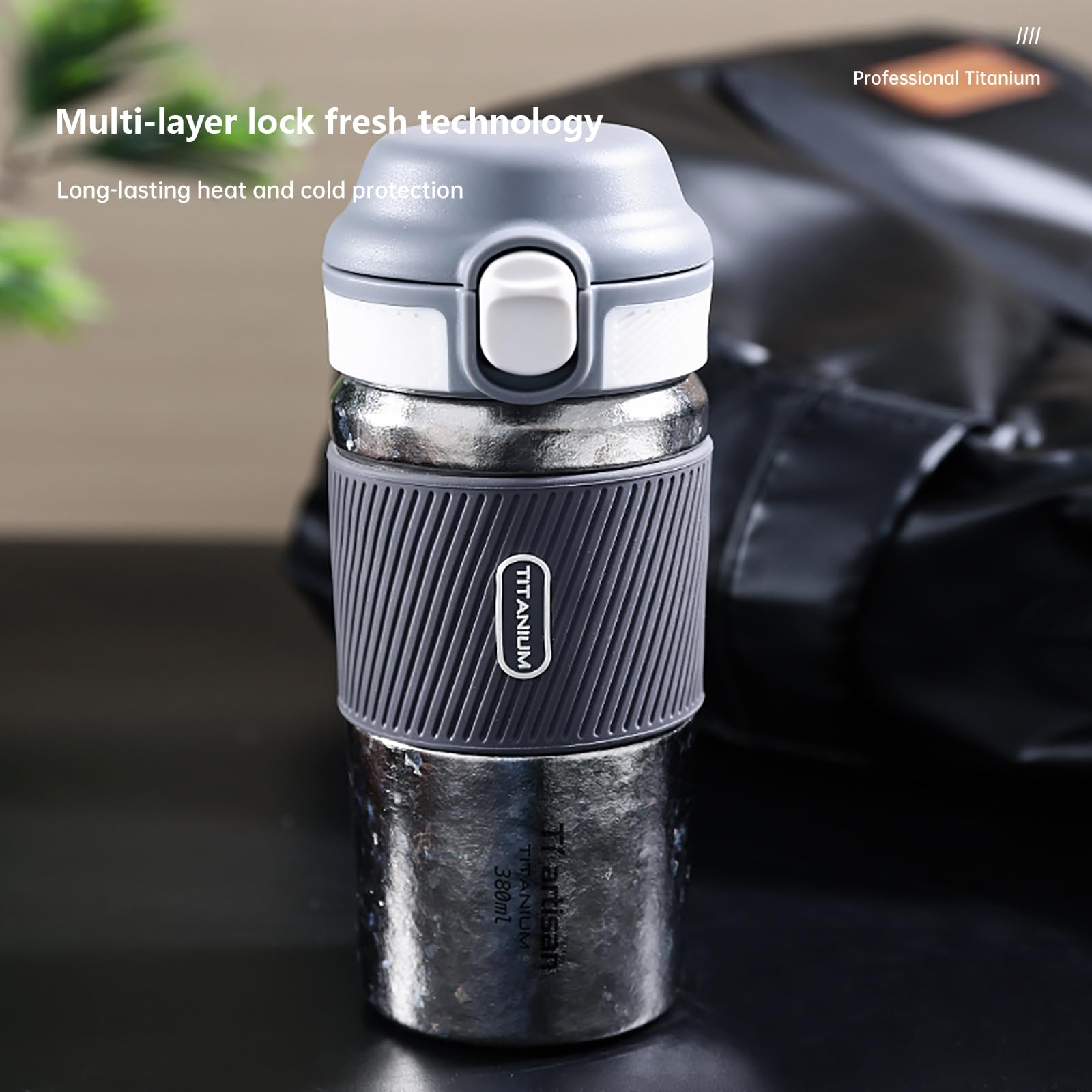 Ti artisan Titan-Wasserflasche, Kaffeetassen, isolierte Wasserflasche, 380 ml, Druckknopf-Deckel, auslaufsicher und verstaubar für Reisen und Sport