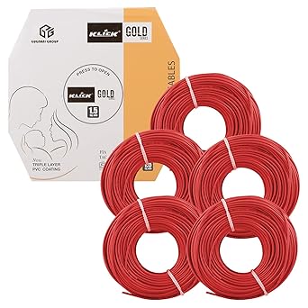 KLICK Copper Wire with Triple Layer PVC Coating & Unilay Bunching, Single Core Unsheathed Flexible Electric Cable for Domestic & Industrial Connections Gold Series (1.5 mm, 90m Long, Red, 5 Pcs)