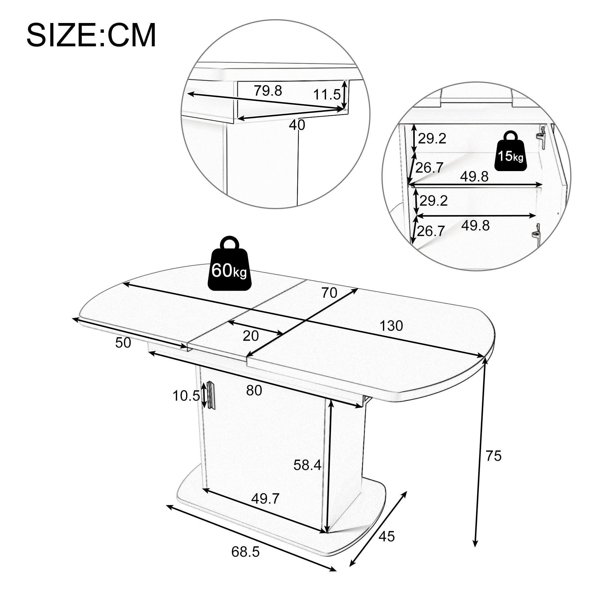 Tavolo da pranzo ovale allungabile con spazio 110 – 130 x 70 x 75 cm, moderno, minimalista, salvaspazio, multifunzione, bianco, con manici dorati