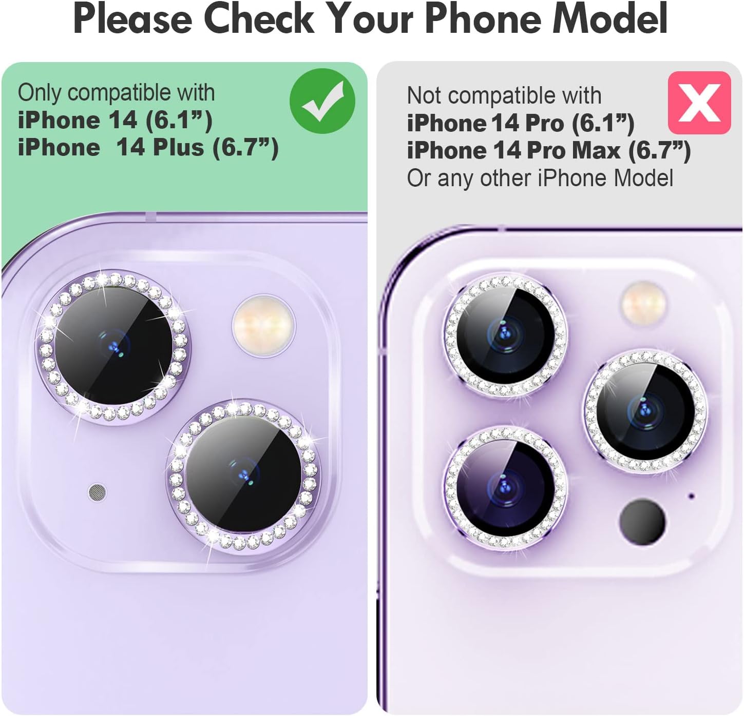 Xfilm for iPhone 14 / iPhone 14 Plus Camera Lens Protector Bling, 9H Hardness Scratchproof Camera Screen Cover Metal Individual Diamond Ring for iPhone 14 Accessories, Case Friendly (Purple Diamond)