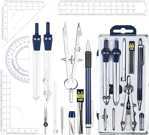 Outus Juego de 13 piezas de geometría para estudiantes, brújula transportadora de matemáticas con reglas, lápiz mecánico, recambios de plomo, caja
