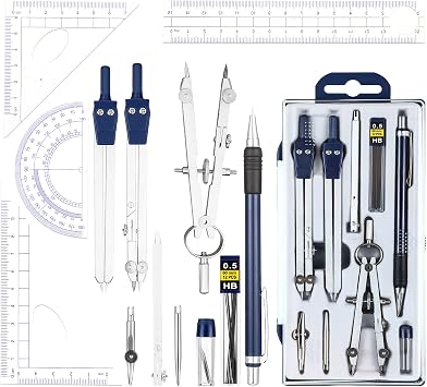 Outus 13 Pieces Math Compass and Protractor Set Geometric Tool Kit Metal Geometry Drawing Tools Precision Set Circle Ruler Architect Engineer Students Blue