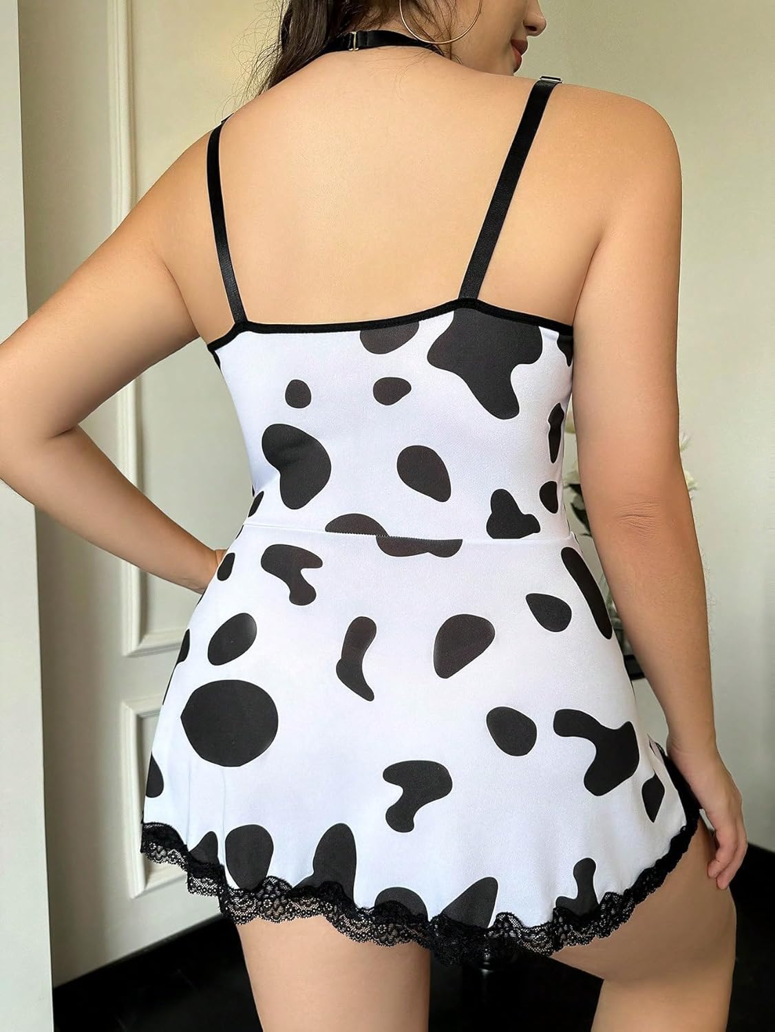 WDIRARA Women's Plus Size Maid Lingerie Dress Cow Print Lace Mesh Deep V Neck Dresses Halloween Cosplay Lingerie