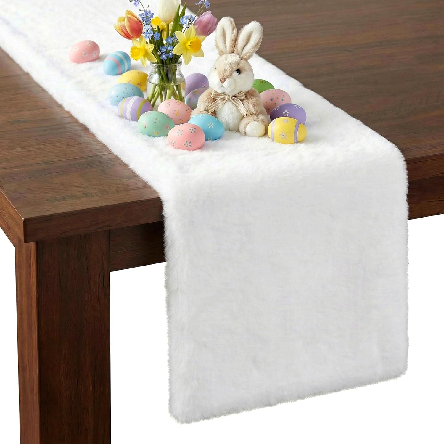duduta White Faux Fur Table Runner 72 inches Long, Fluffy Dresser Runner Covers Coffee Table Runner Spring Easter Decor