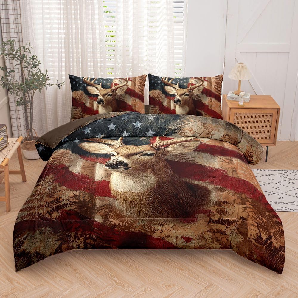 5PCS Deer Comforter Sets Full,Boys Camo Bedding Full,American Flag Comforter,Camo Bed Set for Boys,Adults,Teens