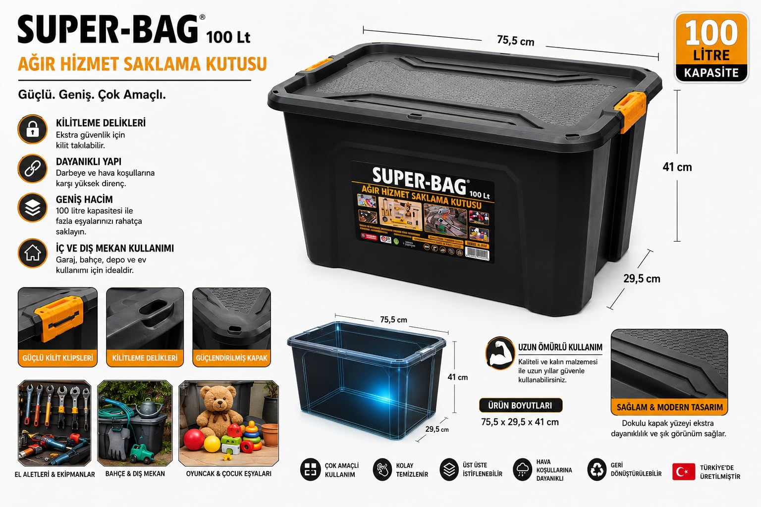 Super Bag 100 L Kapaklı Saklama Kutusu, Ağır Hizmet Plastik Depolama Kutusu, Çok Amaçlı Eşya Düzenleme ve Saklama Kabı, Darbeye Dayanıklı, Ev Garaj Depo Kullanımı, ASR-4040
