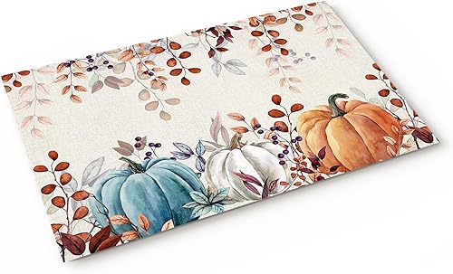 Miniatura 4 de Tapete para puerta de interior de Acción de Gracias, 18 x 30 pulgadas, tapete de bienvenida antideslizante para patio, color verde azulado, naranja,