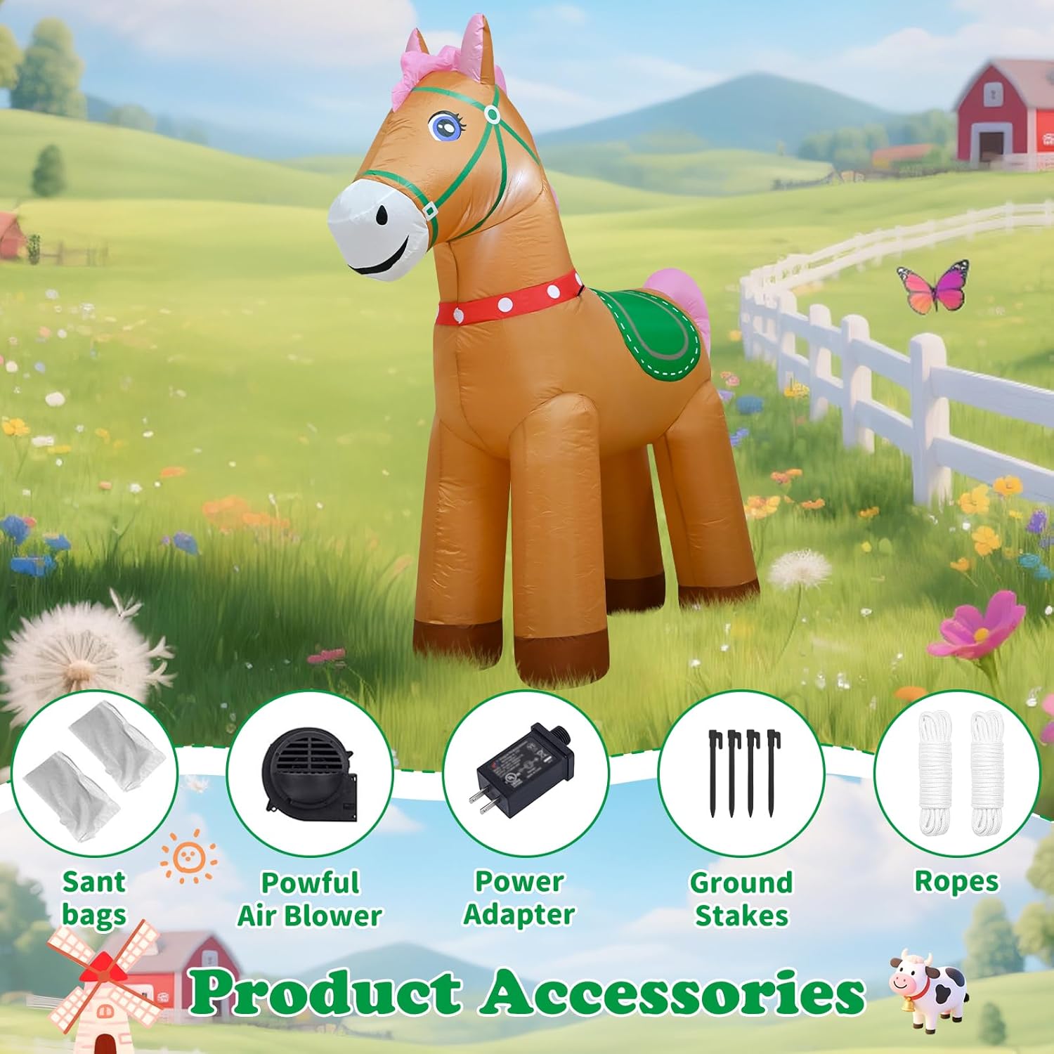 6FT Christmas Spring Farm Ranch Horse Inflatables Blow up Cute Animals Decorations with LED Light Outdoor Indoor Graden Yard Party Lawn Holiday Decor