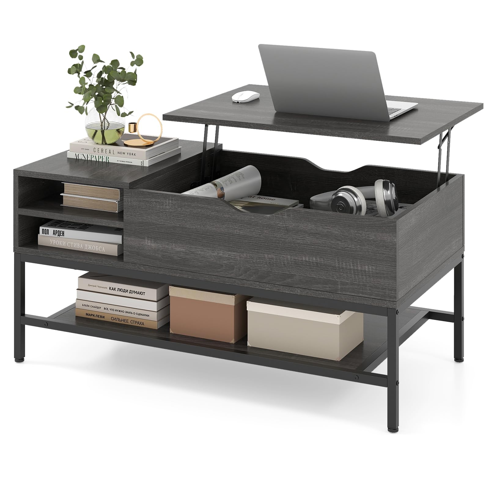 COSTWAY Couchtisch höhenverstellbar, Wohnzimmertisch mit offenem Fach und Ablagefach, Kaffeetisch, Sofatisch, Beistelltisch für Wohnzimmer, 99,5 x 49,5 x 47,5 cm (Grau)