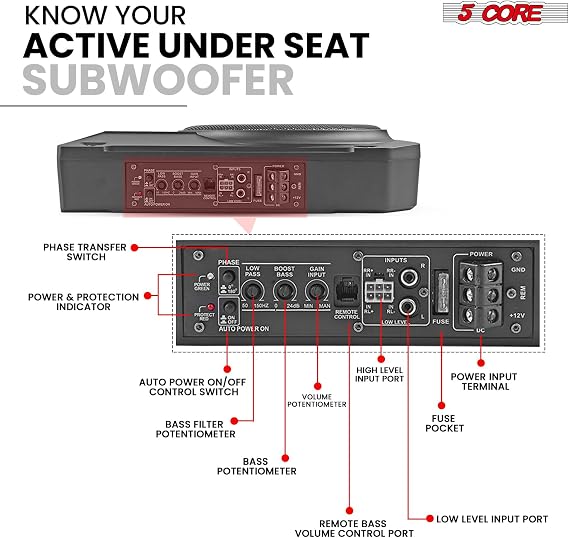 5 CORE 10 inch Slim Under Seat Car Audio Subwoofer 800W Active Powered Under-Seat Built in Amplifier Truck Sub Woofer in Enclosure Box + Wiring Kit & Remote Control - BTUBE UNDR ST 150
