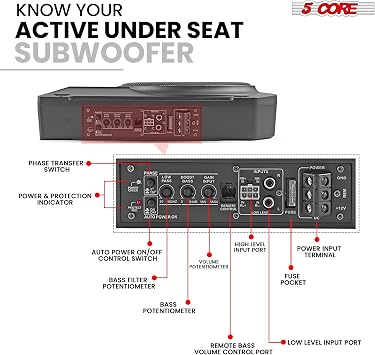 5 CORE 10 inch Slim Under Seat Car Audio Subwoofer 800W Active Powered Under-Seat Built in Amplifier Truck Sub Woofer in Enclosure Box + Wiring Kit & Remote Control - BTUBE UNDR ST 150