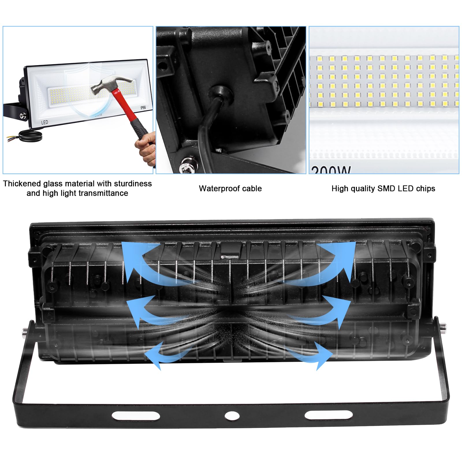 CREATESTAR 200W Faretto LED da Esterno, 24000LM Super Luminoso Proiettore LED da esterno, 6500K Luce Bianco Freddo, IP66 Impermeabile Faretti LED per Giardino, Garage, Stadio, Campo Sportivo