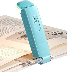 DEWENWILS Luz de lectura de libros recargable por USB, blanco cálido + luz diurna, luz LED para el cuidado de los ojos con clip para leer en la cama, marcapáginas portátil con luz para niños, 4 brillo ajustable (azul)