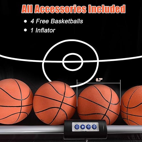 Miniatura 7 de GYMAX Juego de baloncesto arcade plegable para interiores con 8 modos de juego, sonido de arcade, 4 bolas y bomba de inflado, juegos de baloncesto