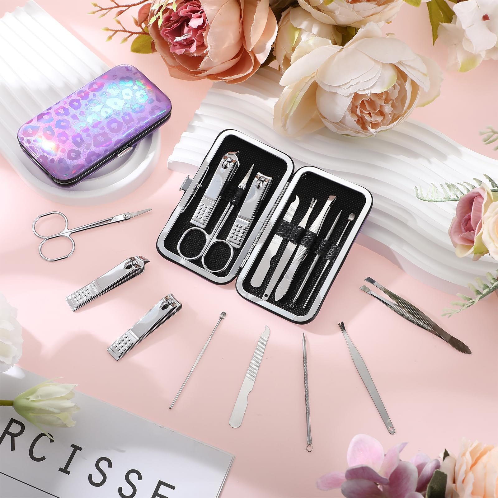 Lasnten Juego de 24 cortaúñas a granel, kit de manicura profesional de acero inoxidable, herramientas de pedicura con estuche de viaje, regalos para hombres y mujeres (láser, 8 en 1)