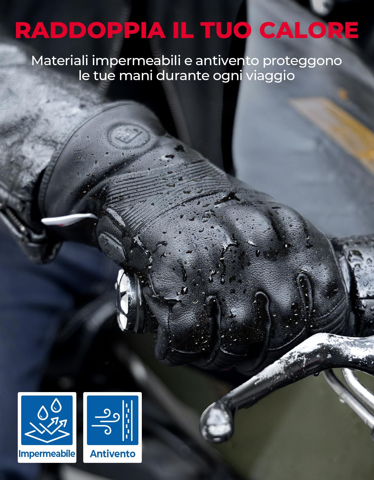 KEMIMOTO Guanti Moto in Pelle Uomo Donna, Termici Guanti Moto Invernali Touchscreen con Protezione delle Nocche, Adatti da 0°C a 5°C, Ideali per Motociclismo, Ciclismo, Sci, Campeggio