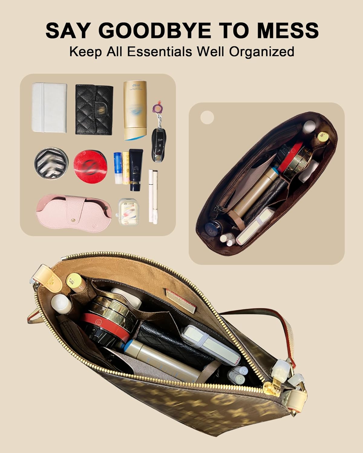 Purse Organizer Insert Fit for LV Multipass, Silky Satin Bag Organizer Insert Water Resistant Inner Zipper Liner Bag Multiple Pockets (Coffee-02)