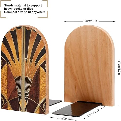 Miniatura 2 de Sujetalibros de madera, 2 unidades, estilo Art Nouveau vintage, resistente, con extremos antideslizantes para libros de oficina, con base de metal,