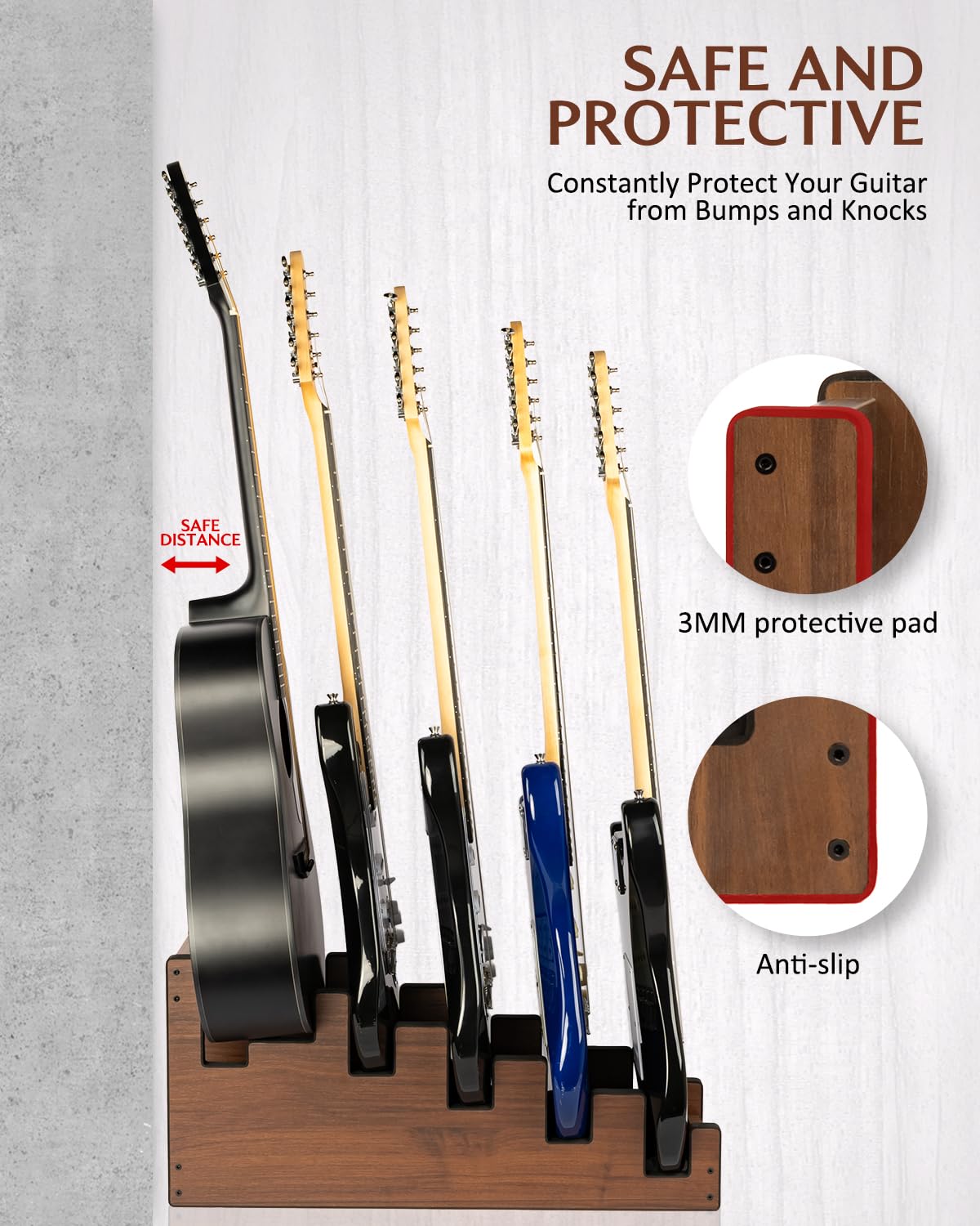 STRICH L-4E1AW Gitarrenständer aus Holz für mehrere Gitarren, 5 Halter, Front-Display, platzsparender Boden-Gitarrenständer für Zuhause, Studio, Bühne, Walnussholz, L-4E1AW (für 4 elektrische + 1