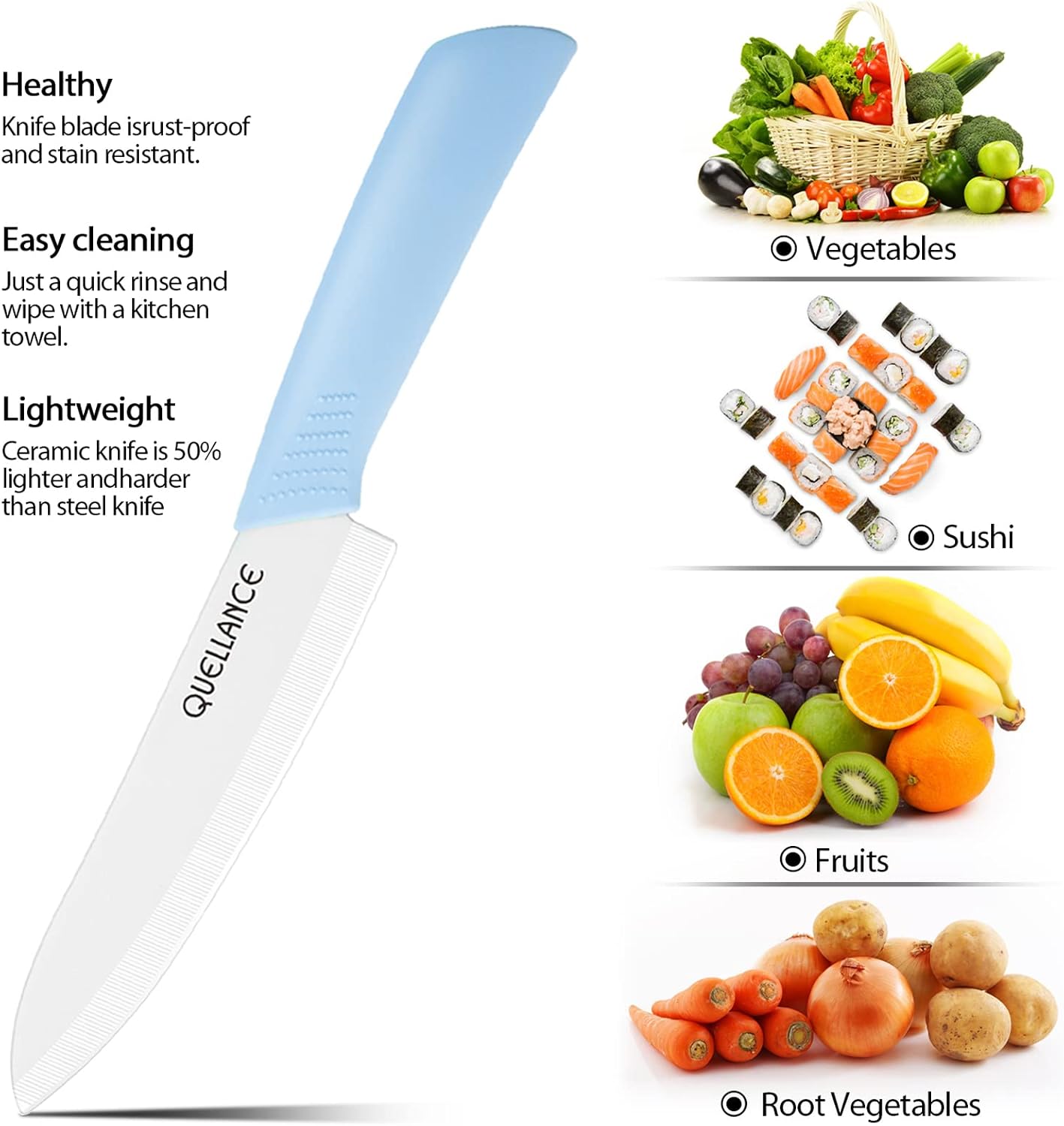 QUELLANCE Ceramic Chef Knife, Ultra Sharp Professional 6-Inch Ceramic Kitchen Chef's Knife with Sheath Cover, Perfect Sharp Knife for Cutting Boneless meats, Sashimi, Fruits and Vegetables (Blue)
