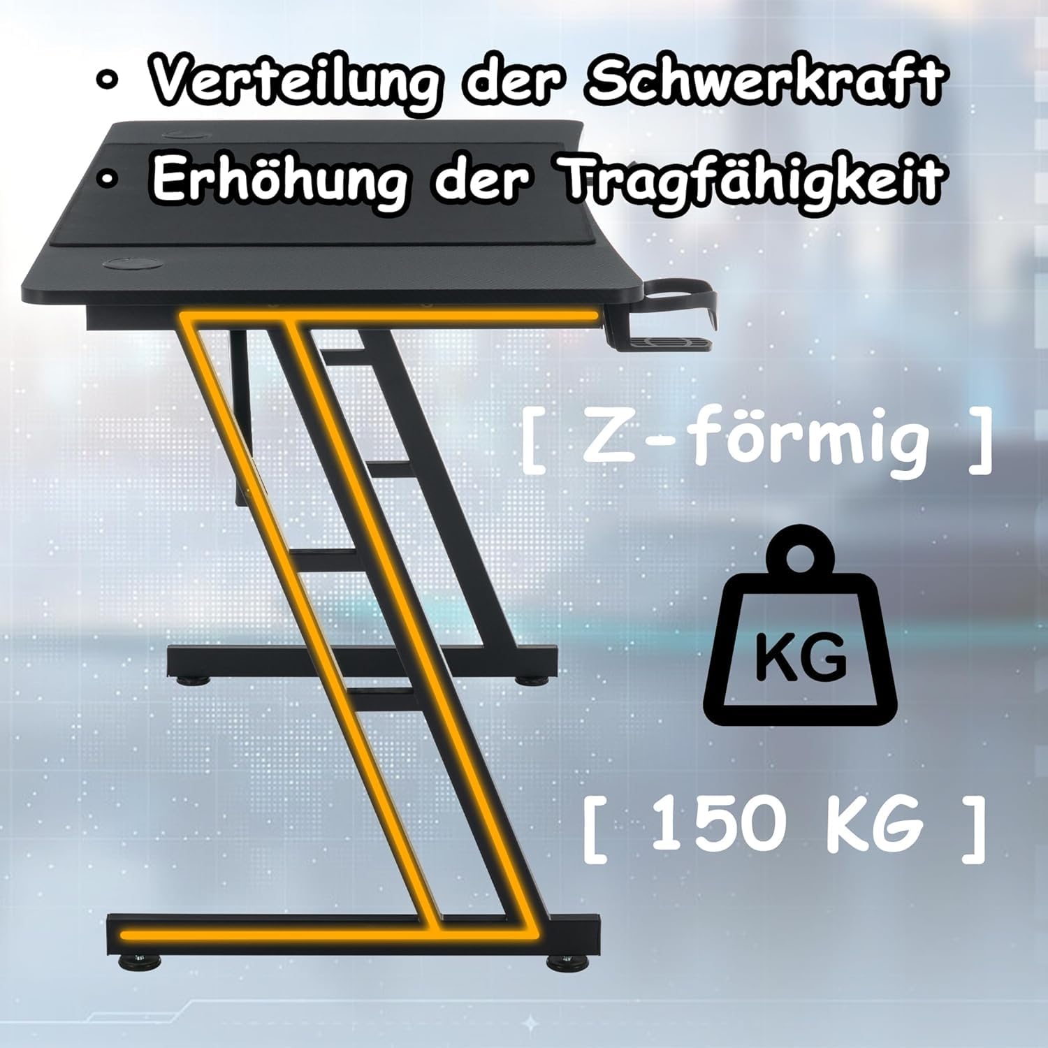 XMTECH Table de jeu Z-Frame - 160 x 60 cm - Avec surface en fibre de carbone - Ergonomique - Avec crochet pour casque et porte-gobelet - Noir