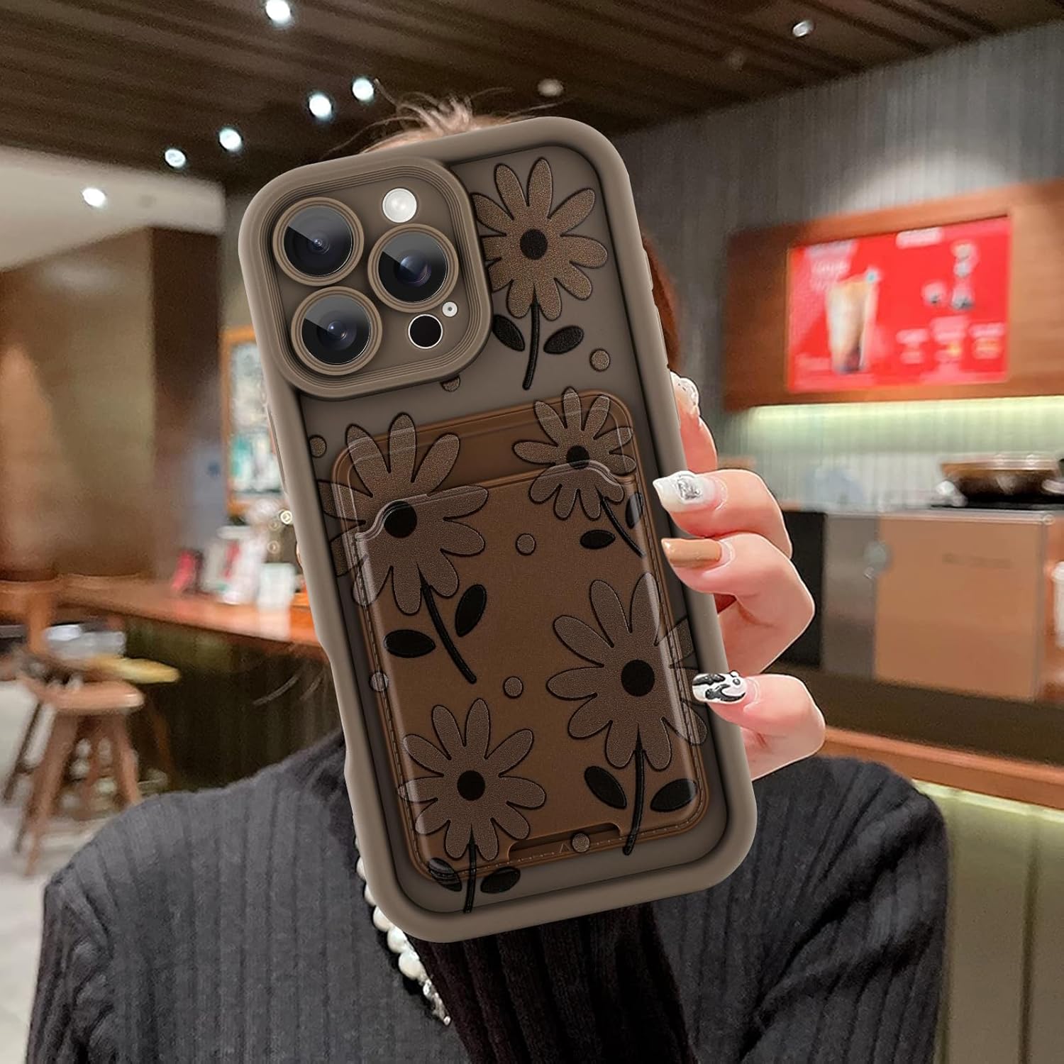 MOWIME Compatible with iPhone 16 Pro Max Case with Card Holder, Daisy Floral Shockproof Soft TPU Protective Cover Women Girls, Anti Scratch Wallet Case for iPhone 16 Pro Max 6.9 Inch, Brown - Image 7