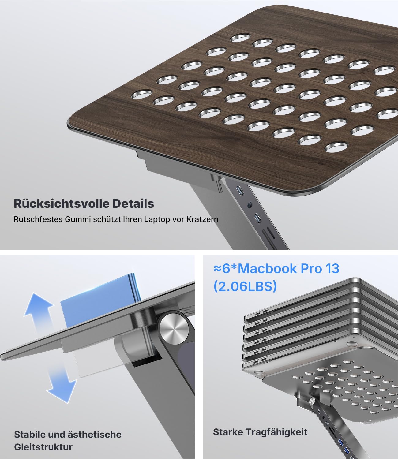 KU XIU Verstellbar Laptop Ständer mit 8-in-1 Dockingstation Aluminium | Laptop Halterung mit USB HUB 360° Rrehbarer Basis, Dual-Display 4K-HDMI USB3.0 PD100W für MacBook Pro Air/alle 10-17'' Laptop