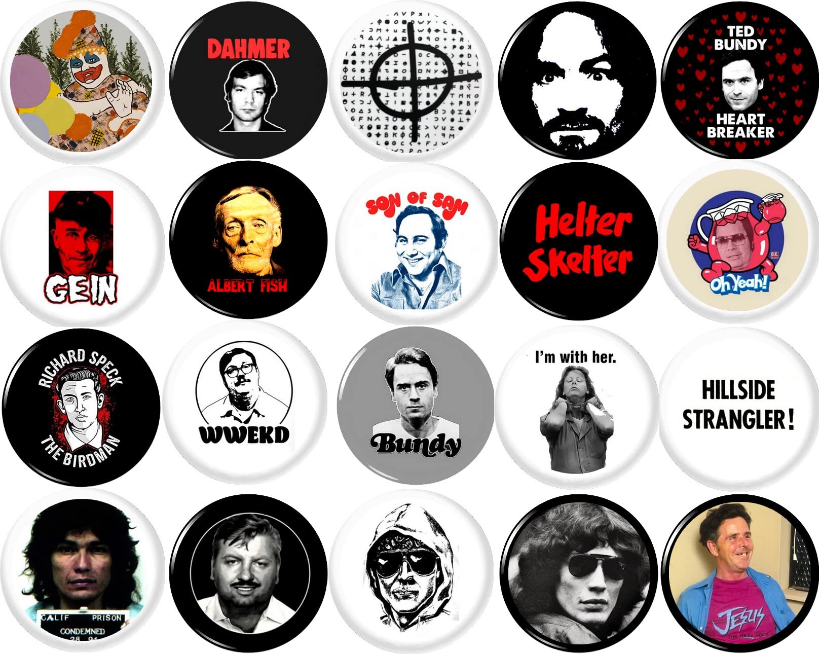 Panic ButtonsSerial Killers 20 NEW 1 Inch (25mm) Set of 20 button pins badges