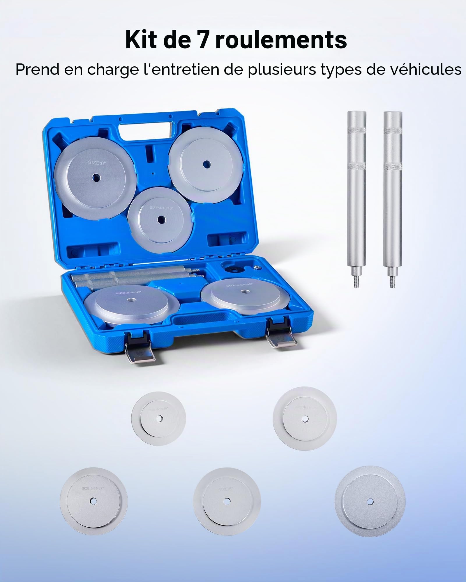 VEVOR Kit de Presse à Roulements 7 Pièces, Coffret d’Outils de Démontage et de Montage de Bagues et Joints de Roulements, avec 5 Bagues, Axes de Poignée et Rallonge, pour Entretien Automobile