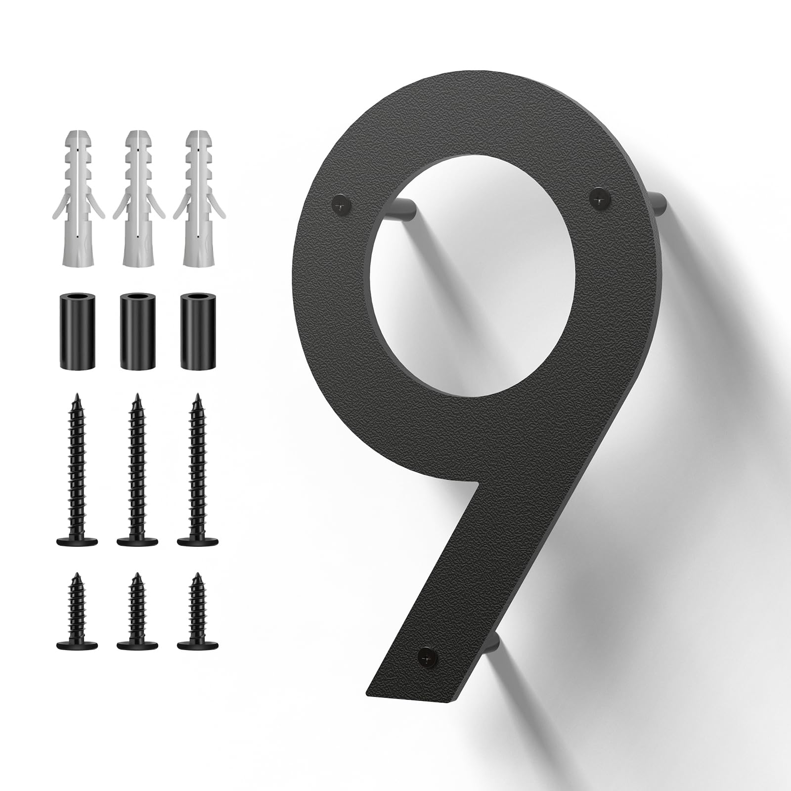 5 inch metal house numbers, stainless steel for outside, mailbox numbers, house address signs, coated black, modern style, with floating appearance kit (black 9)