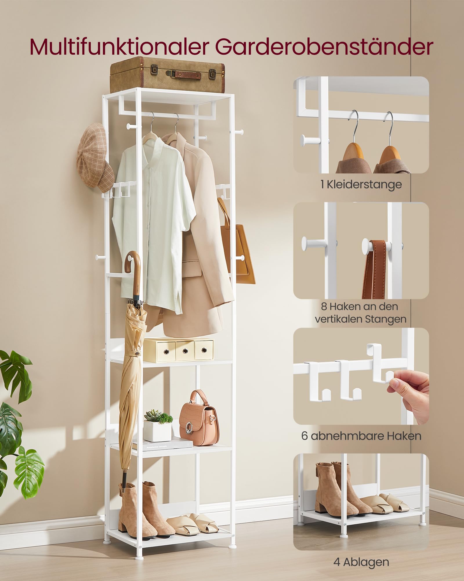 VASAGLE Kleiderständer, Garderobenständer mit Kleiderstange und Haken, Garderobe mit Ablagen, Stahlrahmen, für Kleidung, Taschen, Hüte, wolkenweiß RCR061WC02