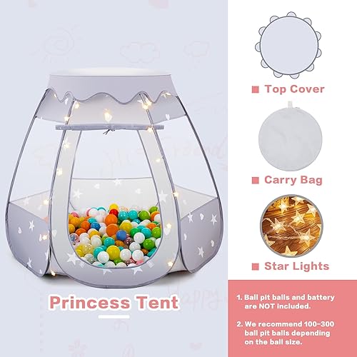 Miniatura 7 de GeerWest Pozo de pelotas para bebés con luces de estrellas  Tienda de campaña de princesa desplegable para regalo de cumpleaños de bebé niña de un