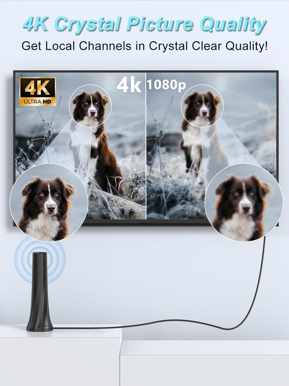 DVB-T/T2 Antenne mit Verstärker für Innen, Zimmerantenne für Fernseher, 360°-Empfang, Unterstützt 4K/1080P HD-Kanäle und alle Fernseher.