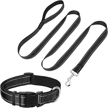Reflective 6FT Dog Leash and 12"-19" Dog Collar Set, Soft Padded Basic Collar and Padded Handle Leash for Medium Dogs