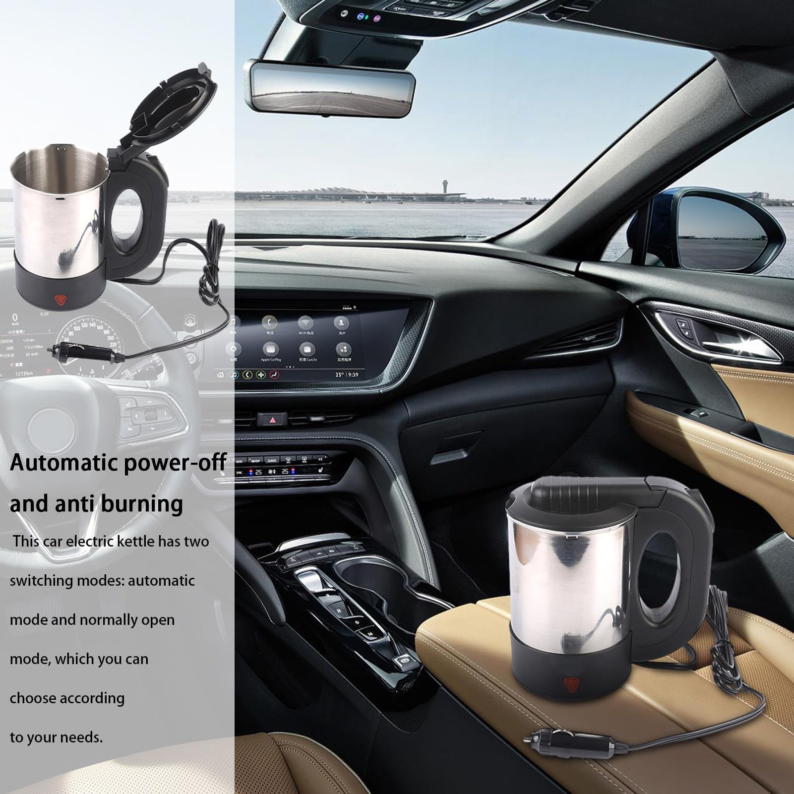 Hervidor eléctrico portátil para coche, calentador de agua de viaje de acero inoxidable para agua caliente, café y té, calefacción eficiente, diseño compacto para uso en movimiento